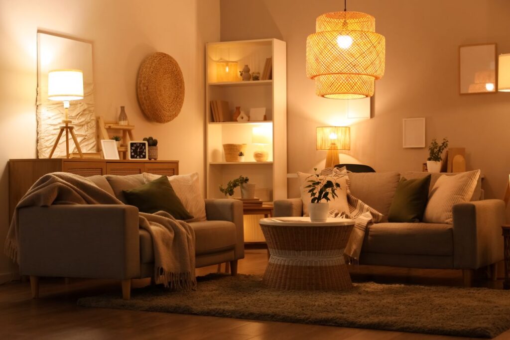 Ein stilvoll eingerichtetes Wohnzimmer mit LED E27-Lampen, warmweißer Beleuchtung, Rattanlampen, beigen Sofas und natürlichen Dekoelementen für eine behagliche Atmosphäre.