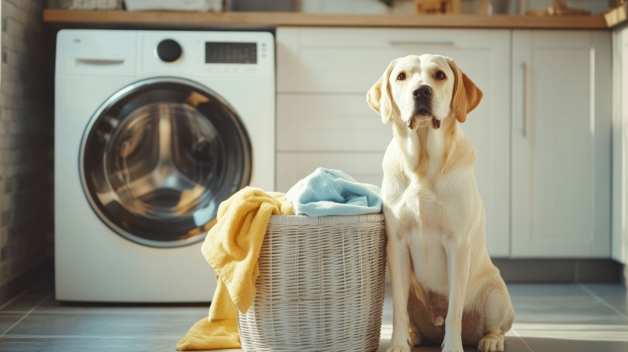 Hund sitzt neben einem Wäschekorb in heller Waschkueche – praktische Ordnungssysteme und Abfallbehaelter fuer ein sauberes Zuhause mit Haustier
