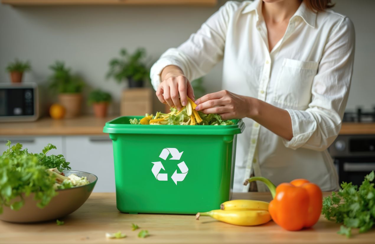 Frau wirft Gemuesereste in gruener Abfallbehaelter mit Recycling-Symbol – umweltfreundliche Abfalltrennung in der modernen Kueche