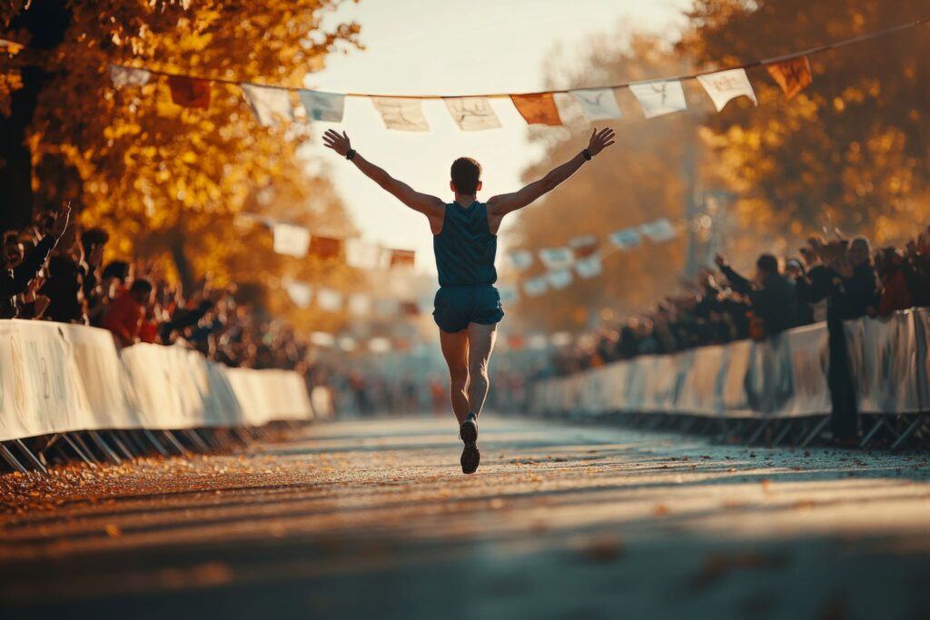Sportler mit erhobenen Armen beim Zieleinlauf eines Lauf-Events, Menschen jubeln am Streckenrand