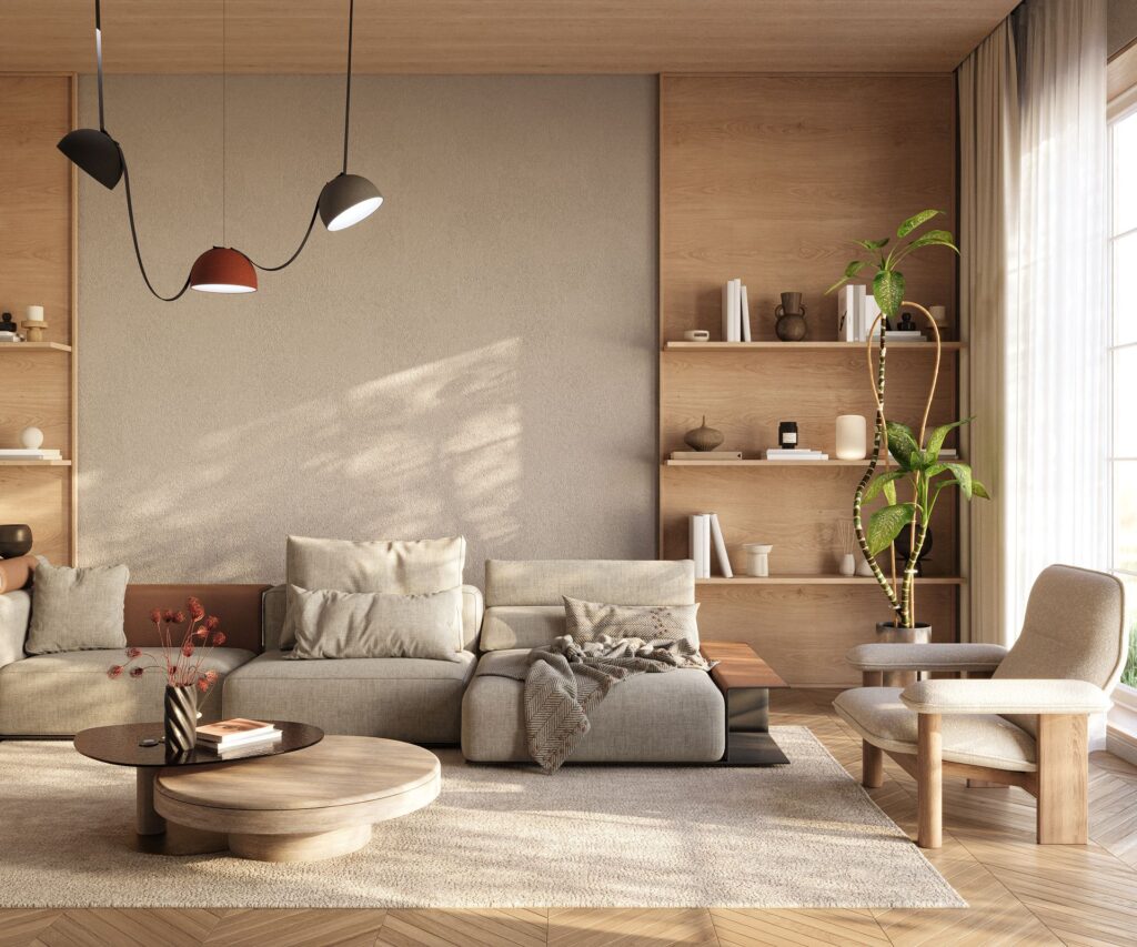 Wohnzimmer mit hellen Holztoenen, beigen Sofas und klarer Raumstruktur – ruhiger Rueckzugsort mit Naturmaterialien