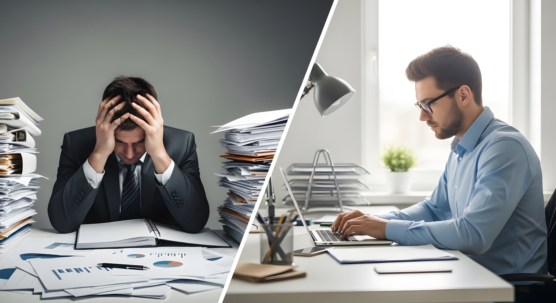 Vorher-nachher Vergleich von chaotischem und ordentlichem Schreibtisch | Notizblöcke mit Logo