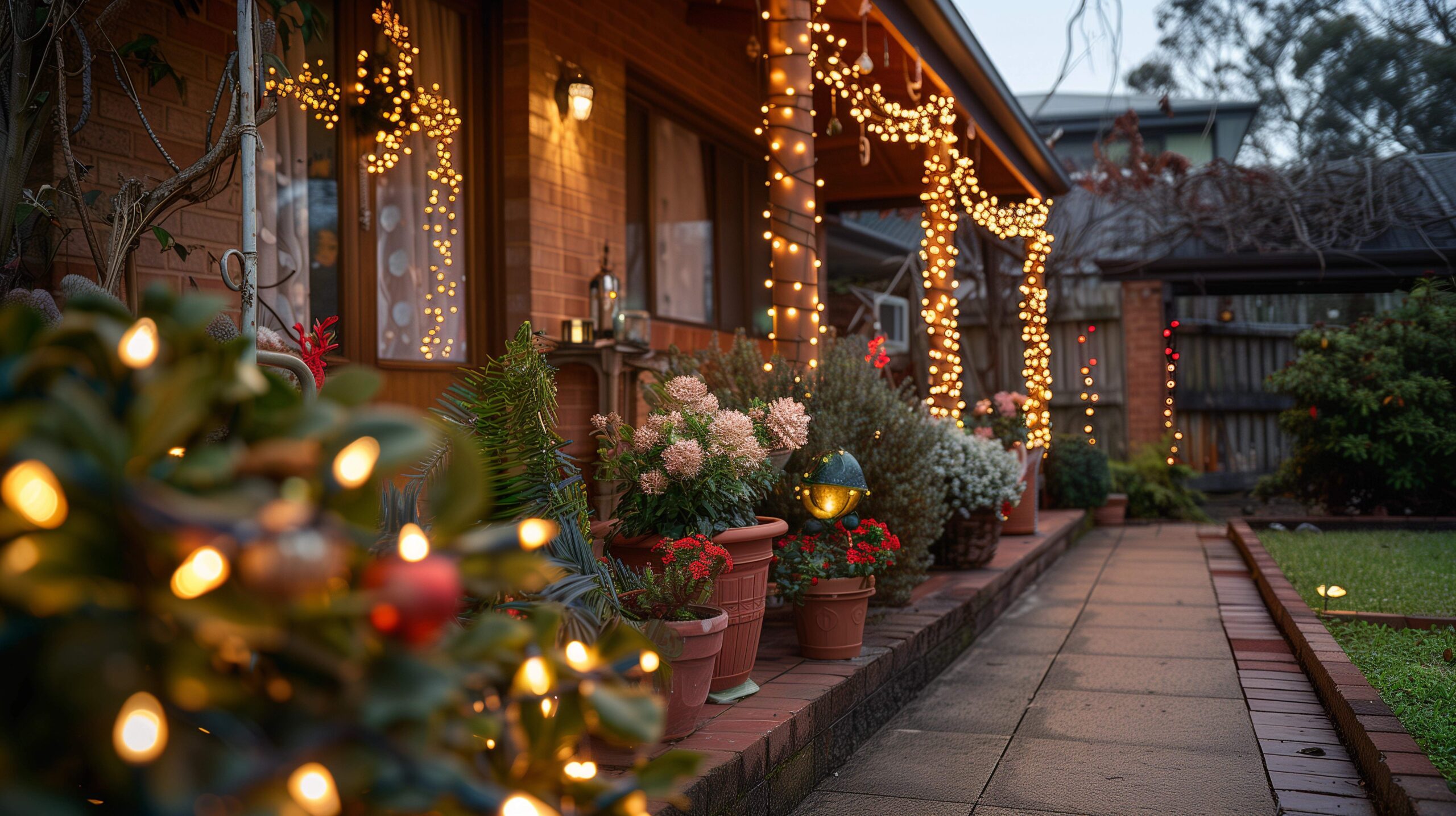 Traditionelle Weihnachtsbeleuchtung im Vorgarten, Lichterketten, Kränze, Bäume, festliche Winterferien, Hauseingang, Außendekorationen